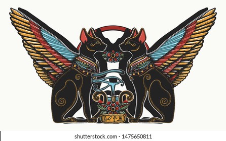 Ancient Egypt. Two Winged Black Cats, Sacred Eye Of God Horus And Star Gate. Egyptian Art, Occult T-shirt Design. Color Tattoo 