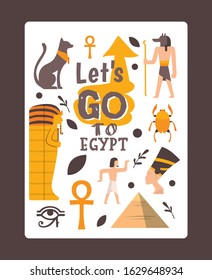Ancient Egypt typographic poster, vector illustration. Travel agency promotional card template with symbols of Egyptian culture and history. Isolated flat style icons of pyramid and mummy sarcophagus