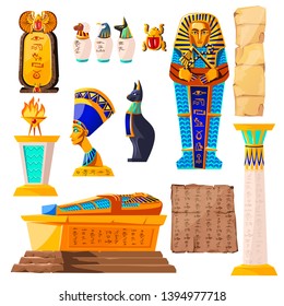 Ancient Egypt vector cartoon set. Egyptian culture symbols collection, golden sarcophagus, religious sacrificial fire, statues of ancient gods and Nefertiti, papyrus with hieroglyphs and scarab beetle