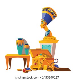 Ancient Egypt vector cartoon set. Egyptian culture symbols collection, statue of Nefertiti with hieroglyphs, sacrificial vase and treasure chest, gold coins and gemstones, isolated on white background