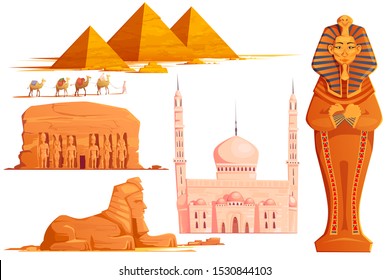 Ancient Egypt vector cartoon set. Egyptian culture symbol collection and famous place, pharaoh sarcophagus, sphinx, religious temple building with stone sculptures, pyramids and camel caravan isolated