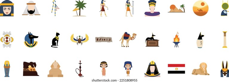 Icono vectorial de Egipto antiguo. Anubis, diosa egipcia, faraón, pirámides y jeroglíficos en estilo plano. Ilustración vectorial de la historia del arte. Elementos mitológicos. Listo para viajar a obras emblemáticas.