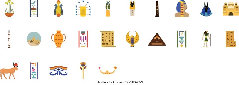 Icono vectorial de Egipto antiguo. Anubis, diosa egipcia, faraón, pirámides y jeroglíficos en estilo plano. Ilustración vectorial de la historia del arte. Elementos mitológicos. Listo para viajar a obras emblemáticas.