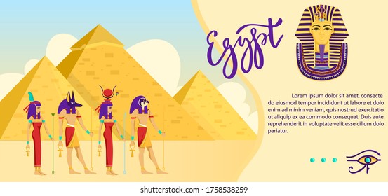 Ancient Egypt vector illustration. Cartoon flat panoramic Egyptian desert landscape with famous landmark pyramid, Egyptian characters with mask headdress and hieroglyphs, egyptology culture background