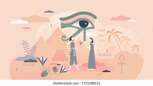 Ancient Egypt vector illustration. Pyramids and eye of horus symbol flat tiny persons concept. Abstract scene with traditional antique egyptian people. Historical heritage landmark with ethnic signs.