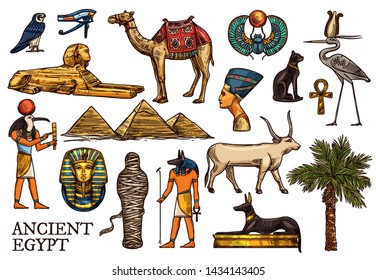 Ancient Egypt vector sketches of religion, travel symbols. God Anubis, pharaon pyramids and sphinx, ankh, mummy and Horus eye, scarab, Tutankhamun, black cat, dog and Nefertiti, heron, falcon, camel