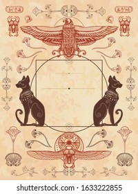 Ancient Egypt vertical background. Black cats and sacred scarab. Egyptian frame template. Old paper vector. Travel and History art 