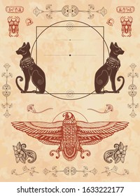 Ancient Egypt vertical background. Old paper vector. Travel and History art. Black cats and sacred scarab. Egyptian frame template 