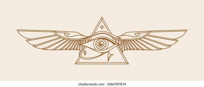 Ancient Egypt vintage art hipster line art Illustration vector with eye of horus with Sacred scarab wings wall art design in outline simple minimal design