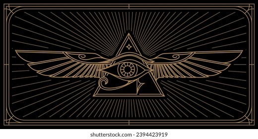 Ancient Egypt vintage art hipster line art Illustration vector with eye of horus with Sacred scarab wings wall art design in outline simple minimal design