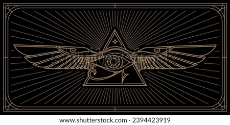 Ancient Egypt vintage art hipster line art Illustration vector with eye of horus with Sacred scarab wings wall art design in outline simple minimal design