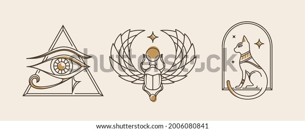 Ancient Egypt vintage art hipster line
art Illustration vector with eye of horus, Sacred scarab and Cat,
old school tattoo style artwork collection
set.