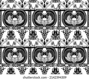 Ancient Egypt. Vintage black and white seamless pattern with Egyptian gods and symbols. Retro hand drawn vector repeating illustration. Ra, Anubis, Sekhtmet, Cleopatra, pyramid.