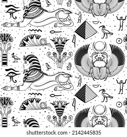 Ancient Egypt. Vintage black and white seamless pattern with Egyptian gods and symbols. Retro hand drawn vector repeating illustration. Ra, Anubis, Sekhtmet, Cleopatra, pyramid.