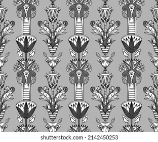 Ancient Egypt. Vintage black and white seamless pattern with Egyptian gods and symbols. Retro hand drawn vector repeating illustration. Ra, Anubis, Sekhtmet, Cleopatra, pyramid.