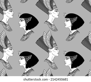 Antiguo Egipto. Patrón vintage de marea negra y blanca con dioses y símbolos egipcios. Ilustración repetitiva vectorial dibujada a mano retro. Ra, Anubis, Sekhtmet, Cleopatra, pirámide.