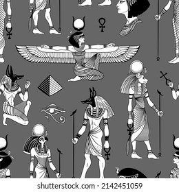 Ancient Egypt. Vintage black and white seamless pattern with Egyptian gods and symbols. Retro hand drawn vector repeating illustration. Ra, Anubis, Sekhtmet, Cleopatra, pyramid.