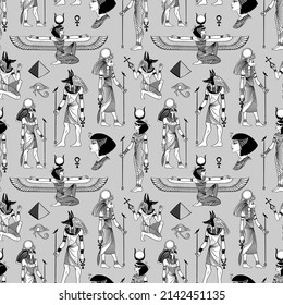 Ancient Egypt. Vintage black and white seamless pattern with Egyptian gods and symbols. Retro hand drawn vector repeating illustration. Ra, Anubis, Sekhtmet, Cleopatra, pyramid.