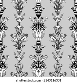 Ancient Egypt. Vintage black and white seamless pattern with Egyptian gods and symbols. Retro hand drawn vector repeating illustration. Ra, Anubis, Sekhtmet, Cleopatra, pyramid.