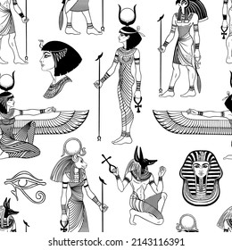 Antiguo Egipto. Patrón vintage de marea negra y blanca con dioses y símbolos egipcios. Ilustración repetitiva vectorial dibujada a mano retro. Ra, Anubis, Sekhtmet, Cleopatra, pirámide.