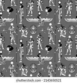 Ancient Egypt. Vintage black and white seamless pattern with Egyptian gods and symbols. Retro hand drawn vector repeating illustration. Ra, Anubis, Sekhtmet, Cleopatra, pyramid.