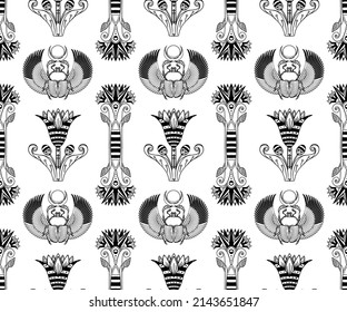 Ancient Egypt. Vintage black and white seamless pattern with Egyptian gods and symbols. Retro hand drawn vector repeating illustration. Ra, Anubis, Sekhtmet, Cleopatra, pyramid.