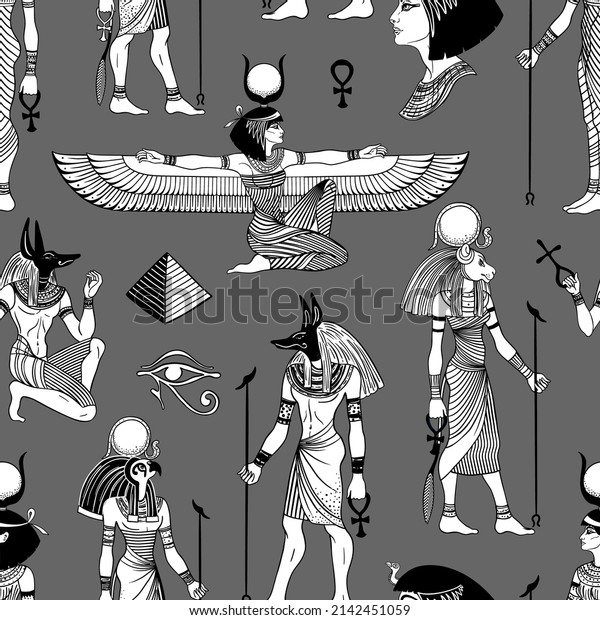 Ancient Egypt.\
Vintage black and white seamless pattern with Egyptian gods and\
symbols. Retro hand drawn vector repeating illustration. Ra,\
Anubis, Sekhtmet, Cleopatra,\
pyramid.