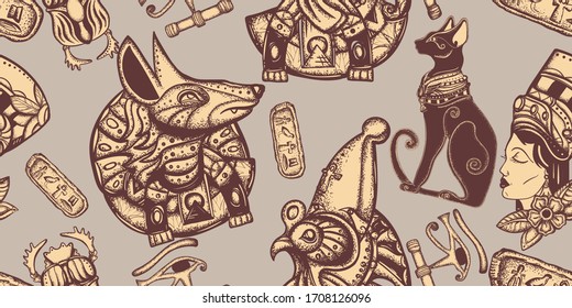 Ancient Egypt vintage seamless pattern. Egyptian pharaoh, black cats, sacred scarab. Old history and culture background 