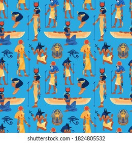 Ancient Egypt. Vintage seamless pattern with Egyptian gods and symbols. Retro hand drawn vector repeating illustration. Ra, Anubis, Sekhtmet, Cleopatra, pyramid.