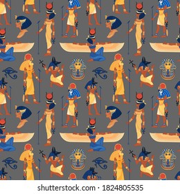 Antiguo Egipto. Patrón vintage sin fisuras con dioses y símbolos egipcios. Ilustración repetitiva vectorial dibujada a mano retro. Ra, Anubis, Sekhtmet, Cleopatra, pirámide.