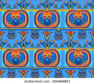 Ancient Egypt. Vintage seamless pattern with Egyptian symbols. Retro hand drawn vector repeating illustration.