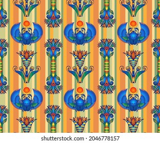 Ancient Egypt. Vintage seamless pattern with Egyptian symbols. Retro hand drawn vector repeating illustration.
