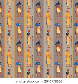 Ancient Egypt. Vintage seamless pattern with Egyptian gods. Retro hand drawn vector repeating illustration. Ra, Isis, Anubis, Sekhtmet.