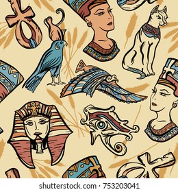 Ancient Egypt vintage seamless pattern, old school tattoo. Pharaoh, ankh, eye Ra, Nefertiti, cat. Ancient Egypt art pattern. Classic flash tattoo style Egypt, patches and stickers