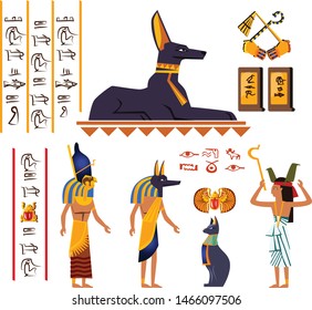 Ancient Egypt wall art or mural element cartoon vector. Monumental painting with hieroglyphs and Egyptian culture symbols, ancient gods and human figure, priest, isolated on white background