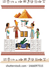 Ancient Egypt wall art or mural element cartoon vector. Monumental painting with hieroglyphs and Egyptian culture symbols, ancient gods, Nile river and human figures, isolated on white