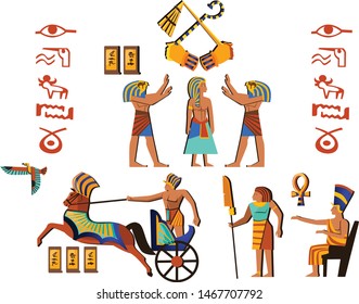 Ancient Egypt wall art or mural element cartoon vector. Monumental painting with hieroglyphs and Egyptian culture symbols, ancient gods, chariot and human figures, isolated on white background