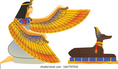 Ancient Egypt wall art or mural element cartoon vector. Monumental painting Egyptian culture symbols, ancient gods, Anubis, Isis or Nephthys with human and animal figures, isolated on white