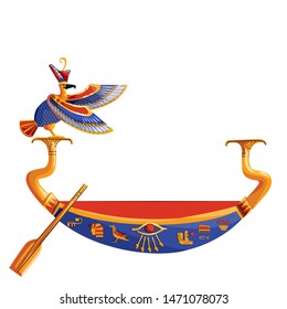 Ancient Egypt wooden boat with oar or paddle for sun god trip cartoon vector illustration. Egyptian culture religious symbol, decorated barque with bird for ancient god, day and night change metaphor