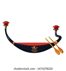 Ancient Egypt wooden boat with paddle for sun god trip cartoon vector illustration. Egyptian culture religious symbol, decorated barque with oar for ancient god, day and night change metaphor