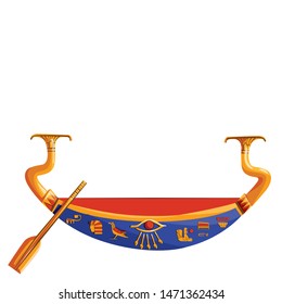 Ancient Egypt wooden boat with paddle for sun god trip cartoon vector illustration. Egyptian culture religious symbol, decorated barque with oar for ancient god, day and night change metaphor