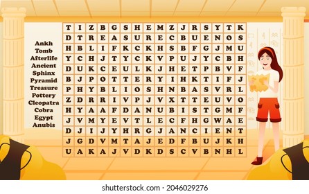 Ancient egypt word search riddle for kids with girl archeologist inside pyramide searching for treasure, colourful printable worksheet for learning english vocabulary, educational game for kids