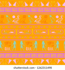 Ancient egypt writing seamless background. Hieroglyphic egyptian language symbols grid. Repeating ethnical fashion illustration for ceramic tile.