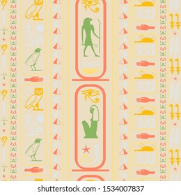 Ancient egypt writing seamless background. Hieroglyphic egyptian language symbols grid. Repeating ethnical fashion pattern for wrapping paper.