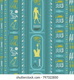Ancient egypt writing seamless background. Hieroglyphic egyptian language symbols grid. Repeating ethnical fashion illustration for wallpaper.