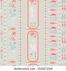 Ancient egypt writing seamless pattern. Hieroglyphic egyptian language symbols texture. Repeating ethnical fashion illustration for brochure or booklet.