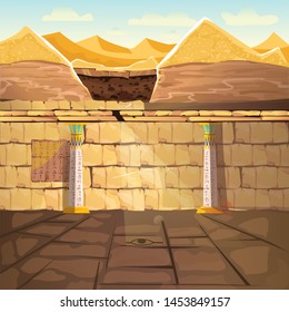 Ancient Egypth, lost looted tomb of pharaoh or abandoned temple interior, underground cartoon vector. Archeological excavations, treasures hunting concept. Desert, dug sand and sunbeam in empty crypt