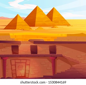 Ancient Egypth, lost looted tomb of pharaoh or abandoned temple interior, underground cartoon vector. Archeological excavations, treasures hunting concept. Desert, dug sand and sunbeam in empty crypt