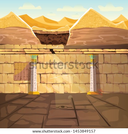 Ancient Egypth, lost looted tomb of pharaoh or abandoned temple interior, underground cartoon vector. Archeological excavations, treasures hunting concept. Desert, dug sand and sunbeam in empty crypt