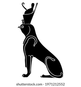 Ancient Egyptian animal art. God Horus as feline sphinx with falcon head in pharaoh's crown. Black and white silhouette.